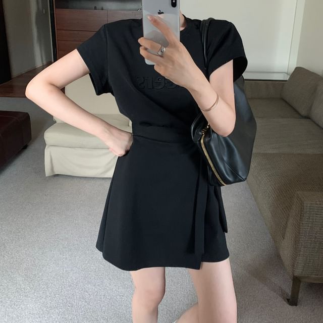 Two Lettering Neck Mini A-Line Crew Plain Short-Sleeve Dress Piece Mock Embossed