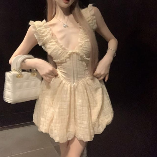 Sleeveless A-Line Mini Ruffle Dress Plain