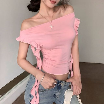 Plain Off-Shoulder Crop T-Shirt Ruffled