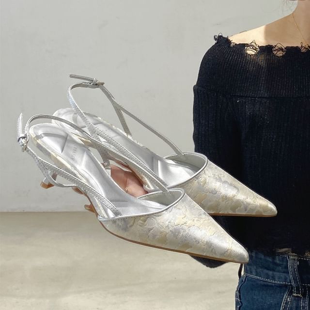 Slingback Heel Toe Pumps Kitten Jacquard Pointed