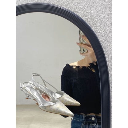 Slingback Heel Toe Pumps Kitten Jacquard Pointed