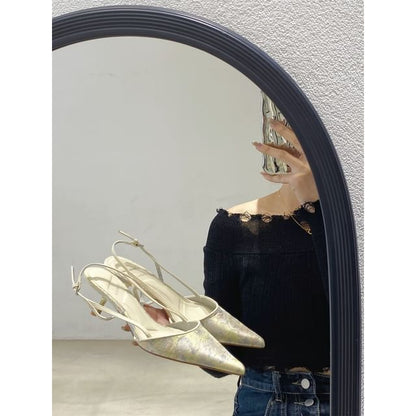 Slingback Heel Toe Pumps Kitten Jacquard Pointed