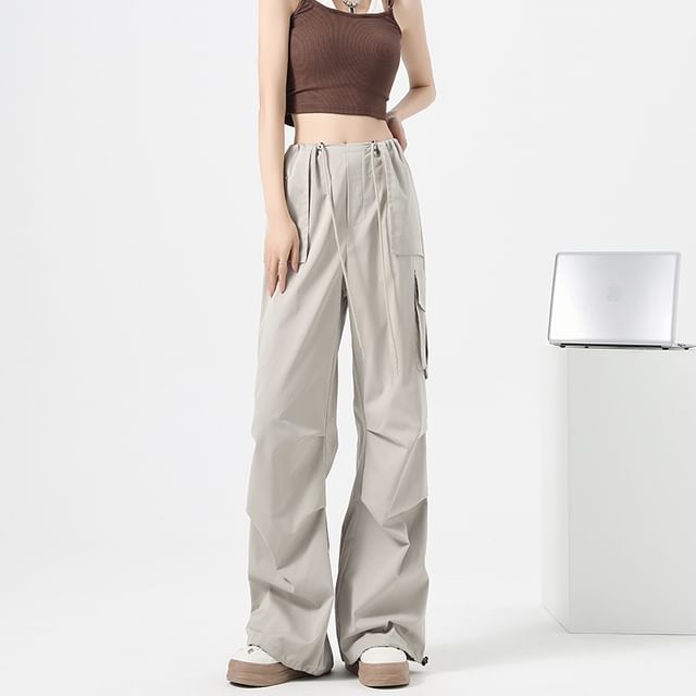 High Waist Drawstring Pocket Parachute Cargo Pants