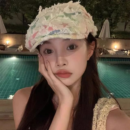 Cabbie Newsboy Hat Distressed Patchwork