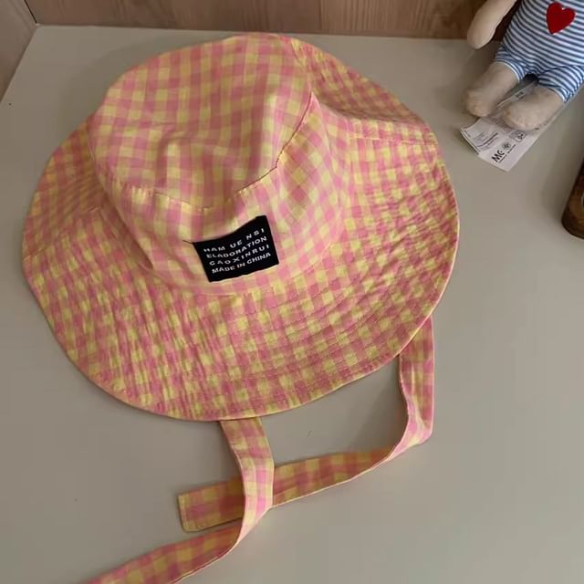 Checkered Cotton Bucket Hat With Chin Strap