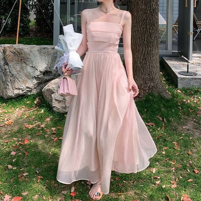 Square Spaghetti Dress Maxi Neck Strap Plain A-Line