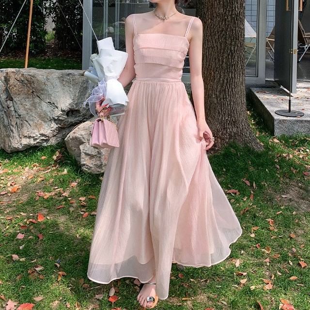 Square Spaghetti Dress Maxi Neck Strap Plain A-Line