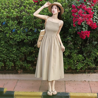 Spaghetti Strap Plain Smocked Midi A