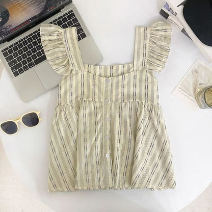 Sleeveless Square Neck Striped Ruffle Button Top