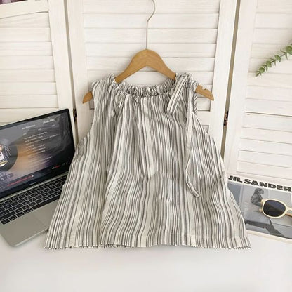 Sleeveless Round Neck Striped Drawstring Top