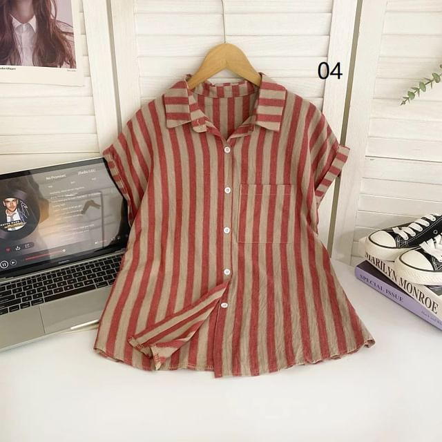 Short-Sleeve Collared Striped Shirt