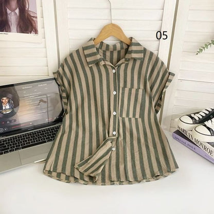 Short-Sleeve Collared Striped Shirt