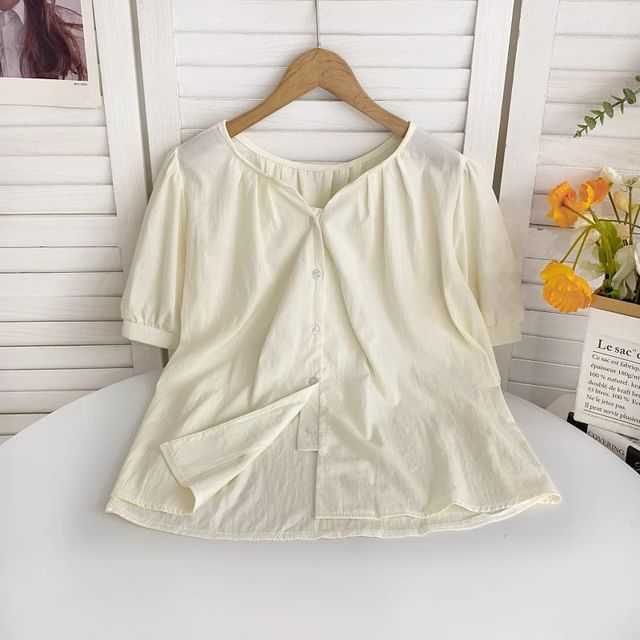 Short-Sleeve V-Neck Ruched Blouse