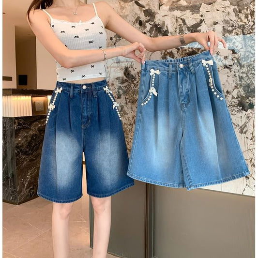 High Waist Bow Beaded Washed Denim Shorts