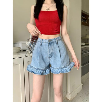 High Waist Ruffle Hem Denim Shorts