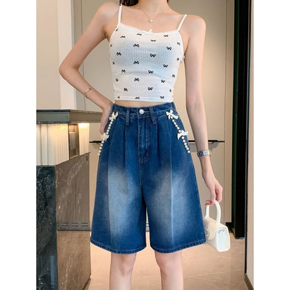 High Waist Bow Beaded Washed Denim Shorts