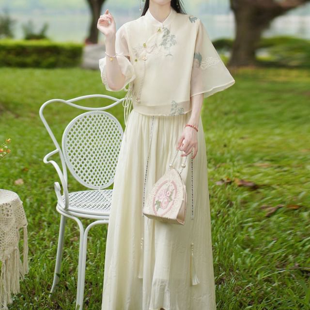 Set: Elbow-Sleeve Flower Embroidered Blouse + High Rise Plain Maxi A-Line Skirt