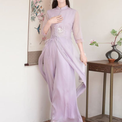 Set: Elbow-Sleeve Flower Embroidered Hanfu Blouse + High Waist Plain Wide Leg Pants