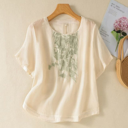 Short-Sleeve Leaf Embroidered Blouse