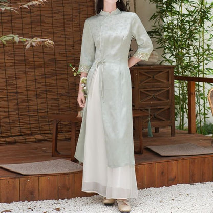 Elbow-Sleeve Floral Side-Slit Midi Hanfu Dress / High Waist Plain Wide Leg Pants / Set