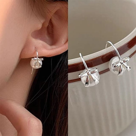 Bow Faux Pearl Alloy Drop Earring