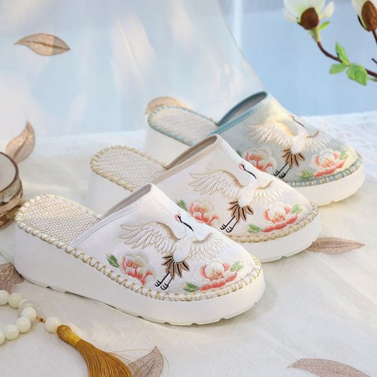 Embroidered Wedge Mules Heel