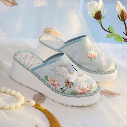 Embroidered Wedge Mules Heel