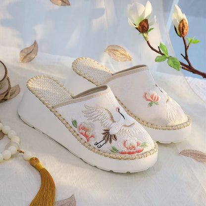 Embroidered Wedge Mules Heel