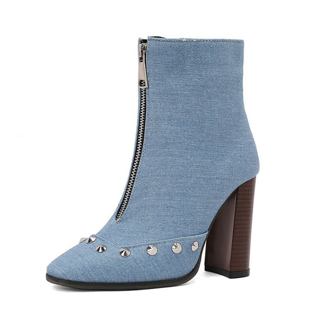 Chunky Denim Studded Heel Pointed Toe Boots Short