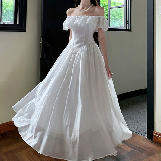 Ruched Trim Maxi Dress Plain Ruffle Short-Sleeve A-Line Off-Shoulder