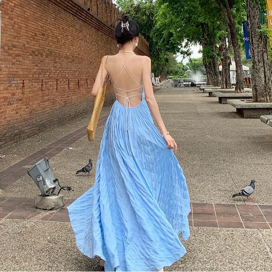 Strap A-Line Crinkle Dress Plain Square Spaghetti Open Neck Maxi Back