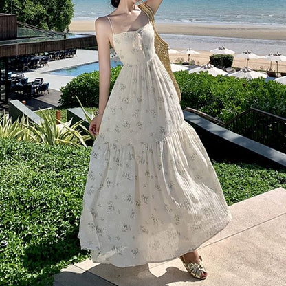 A-Line Square Dress Floral Open Bow Back Accent Print Spaghetti Maxi Strap Neck