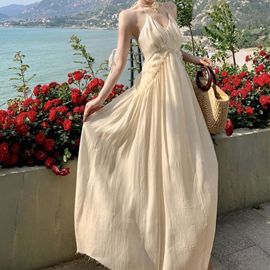 Maxi Back Open Plain Dress Ruched Frill Trim Halter A-Line V-Neck