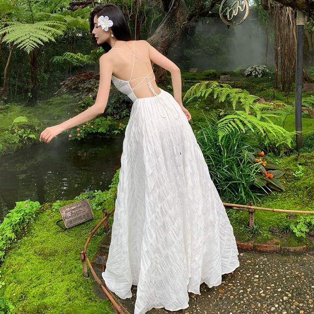 Strap A-Line Crinkle Dress Plain Square Spaghetti Open Neck Maxi Back