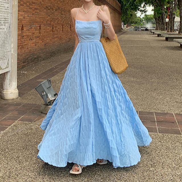 Strap A-Line Crinkle Dress Plain Square Spaghetti Open Neck Maxi Back