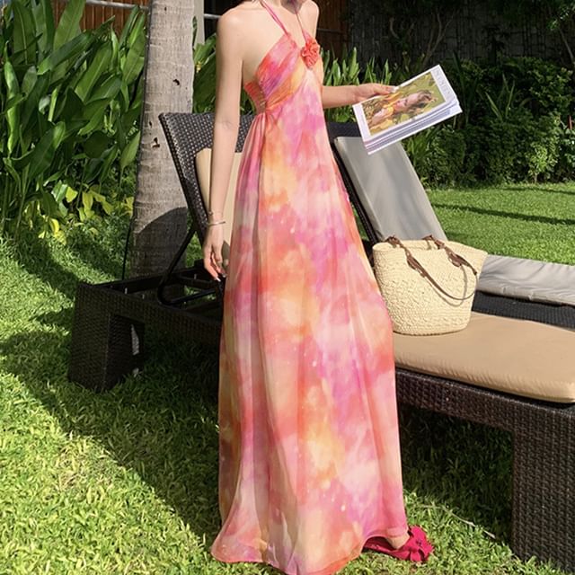 Maxi Accent Dress A-Line Halter Neck Open Ruched Floral Back Tie Dye