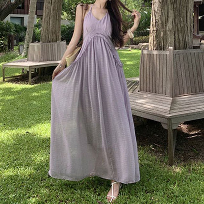 Dress Frill Open Trim Maxi A-Line Plain Back V-Neck Halter