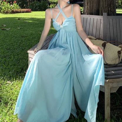 Dress Accent Back Ruched Layered Halter Plain Maxi A-Line Neck Open Floral