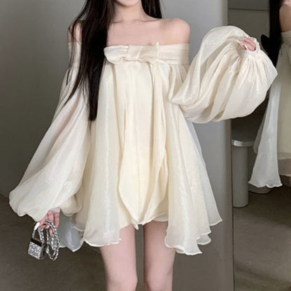 Off-Shoulder Bow Plain Dress Accent Tunic Long-Sleeve Ruched