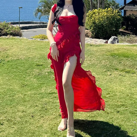 Ruffle Open Square Bodycon Maxi Trim Sleeveless Plain Slit Neck Dress Back