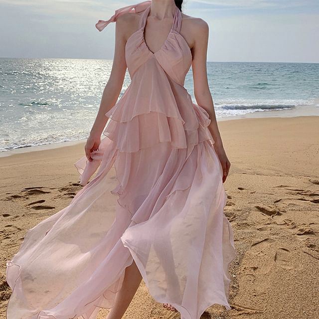 Ruffle Layered Set: High Skirt Halter Rise + Asymmetrical V-Neck Top Back Plain A-Line Open