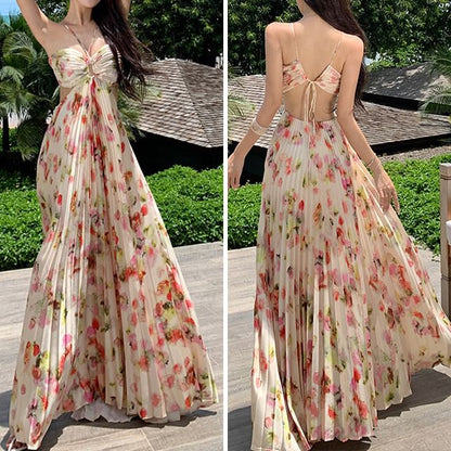 Cutout Halter Maxi Dress Print Floral A-Line Pleated Back Open Neck