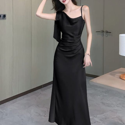 Plain Sleeveless Mermaid Neck Asymmetrical Satin Cowl Midi Ruched Dress