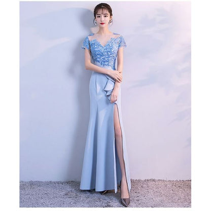 Short-Sleeve Embroidered Sequin Ruffle Side-Slit Mermaid Evening Gown