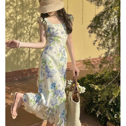 Ruffle Cap Sleeve Square Neck Floral Print Maxi Dress