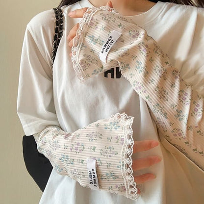 Floral Print Lace Trim Sun Protection Arm Sleeves (Various Designs)