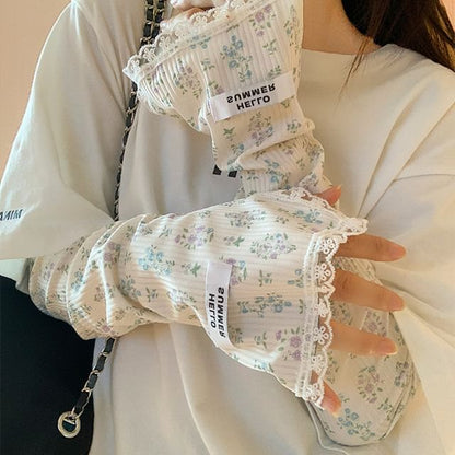 Floral Print Lace Trim Sun Protection Arm Sleeves (Various Designs)