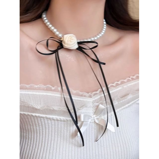 Fabric Ribbon Faux Pearl Choker