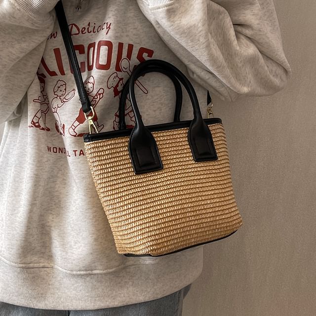 Straw Panel Crossbody Tote Bag