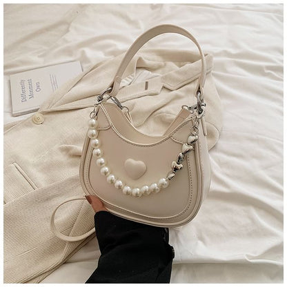 Heart Faux Pearl Chain Shoulder Bag